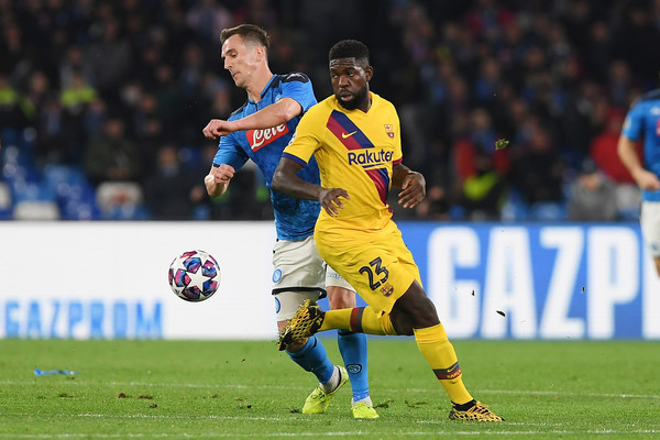 Samuel Umtiti, in UEFA Champions League action, against SSC Napoli / FRANCESCO PECORARO/GETTY IMAGES EUROPE