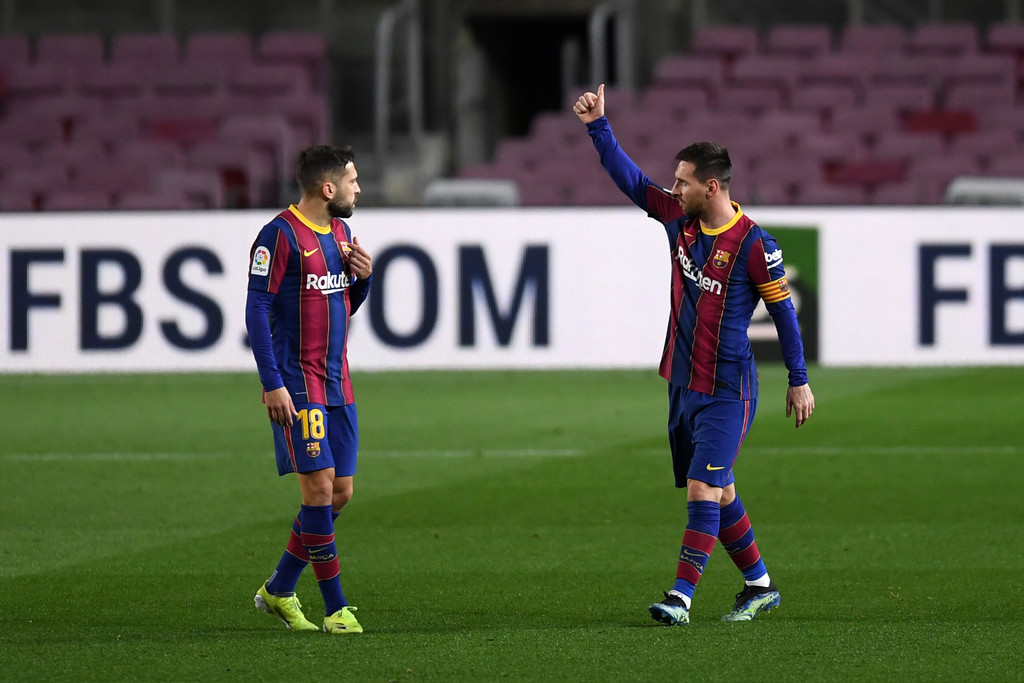 Lionel Messi and Jordi Alba against Athletic Club earlier this season / ALEX CAPARROS / Getty Images Europe