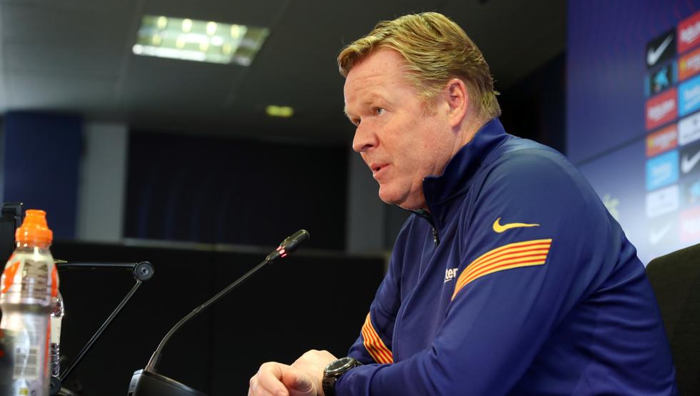 Ronald Koeman during the press conference before the round of 16 second leg fixture against PSG (Source : Miguel Ruiz/FCB)