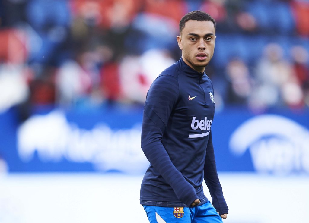 Sergino Dest during the La Liga Santander match between CA Osasuna and FC Barcelona at Estadio El Sadar on December 12, 2021 in Pamplona, Spain / Juan Manuel Serrano Arce / Getty Images