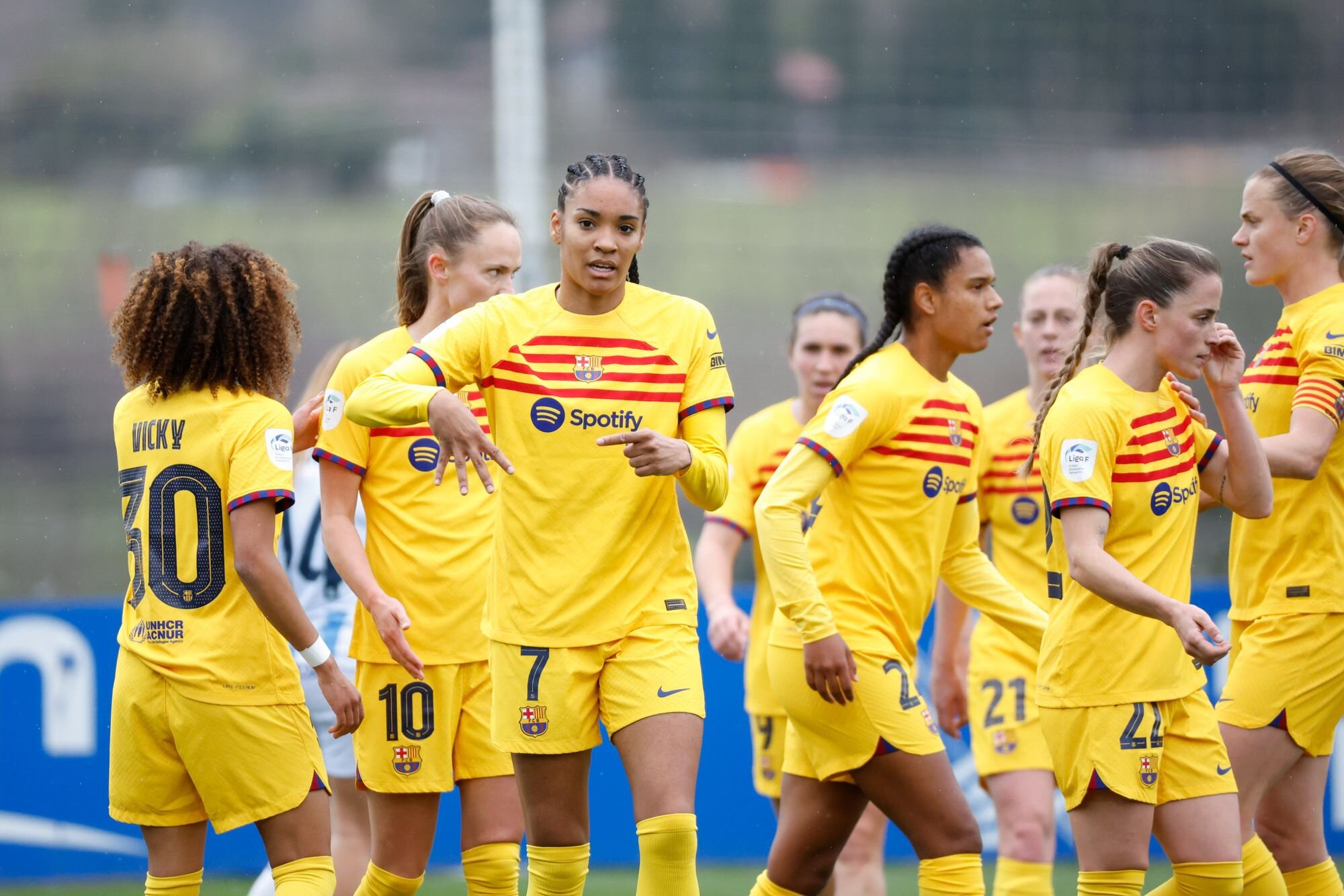 Barca Femeni celebrating thier 7-1 win over Real Sociedad Femenino / Getty Images