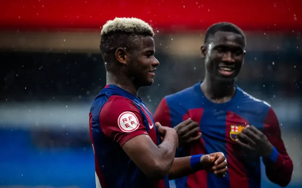 Mikayil Faye celebrating his goal against Sestao River / FC Barcelona